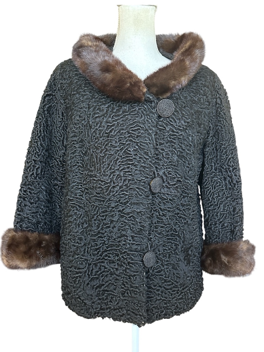 Vintage Black Broadtail Persian Lamb Short Coat with Brown Mink Fur Trim XS / S